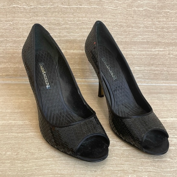 ENZO ANGIOLINI UEC Women’s Size 9.5 Black peep toe stiletto heel pumps sequins - Picture 3 of 12